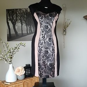 Lace sculpting black and pink dress